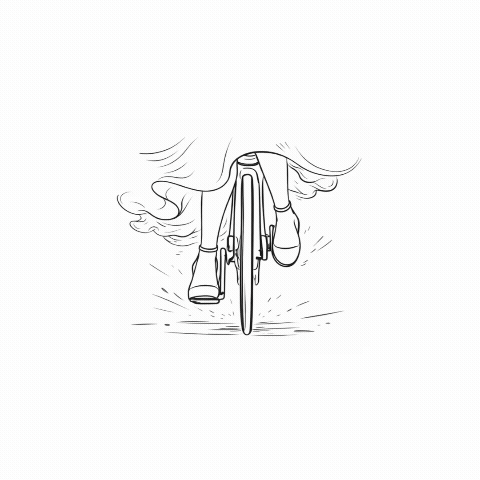 Black and white illustration of a woman in a flowing wedding dress riding a bicycle, showing her legs and the front wheel.