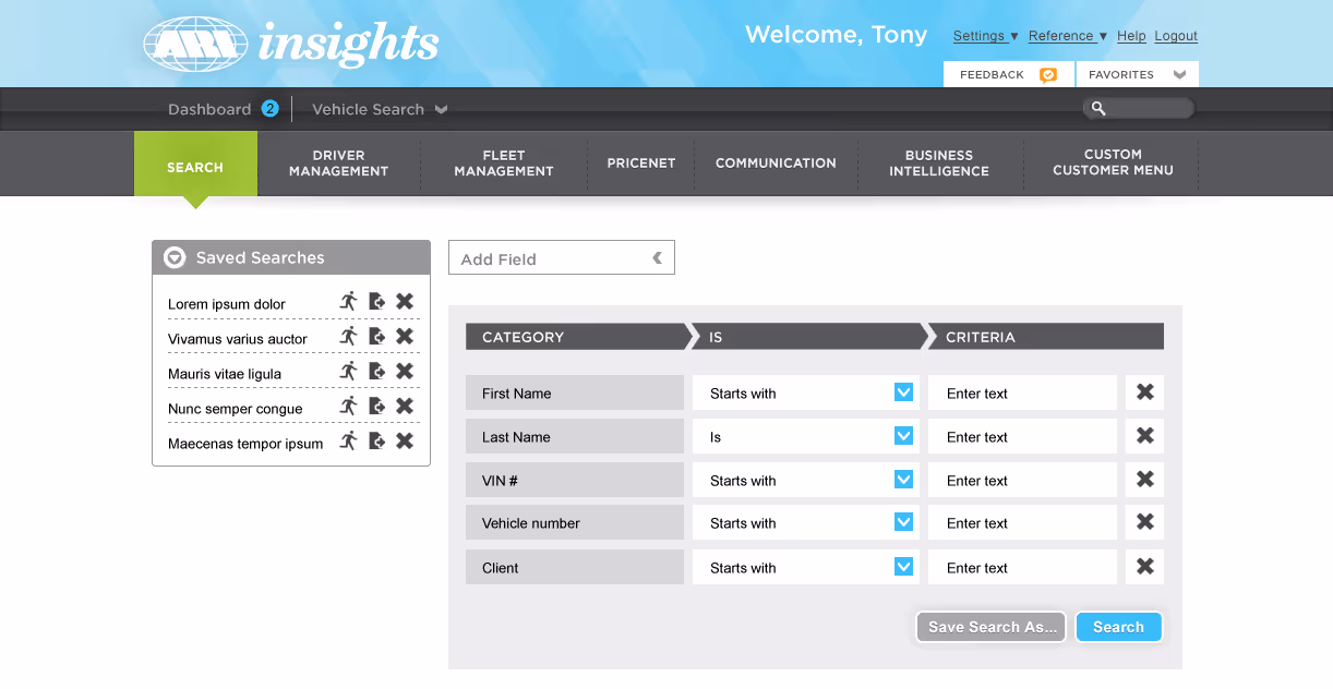 User interface of a vehicle search system with a sidebar of saved searches and a form to filter by category including first name, last name, VIN, vehicle number, and client.
