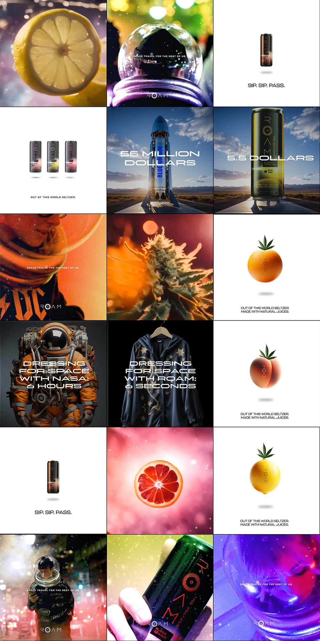 Collage of images including citrus fruits with ROAM branding, cans of ROAM THC seltzer, a rocket labeled Blue Origin, space suits, and cannabis buds, highlighting space travel and natural seltzer themes.