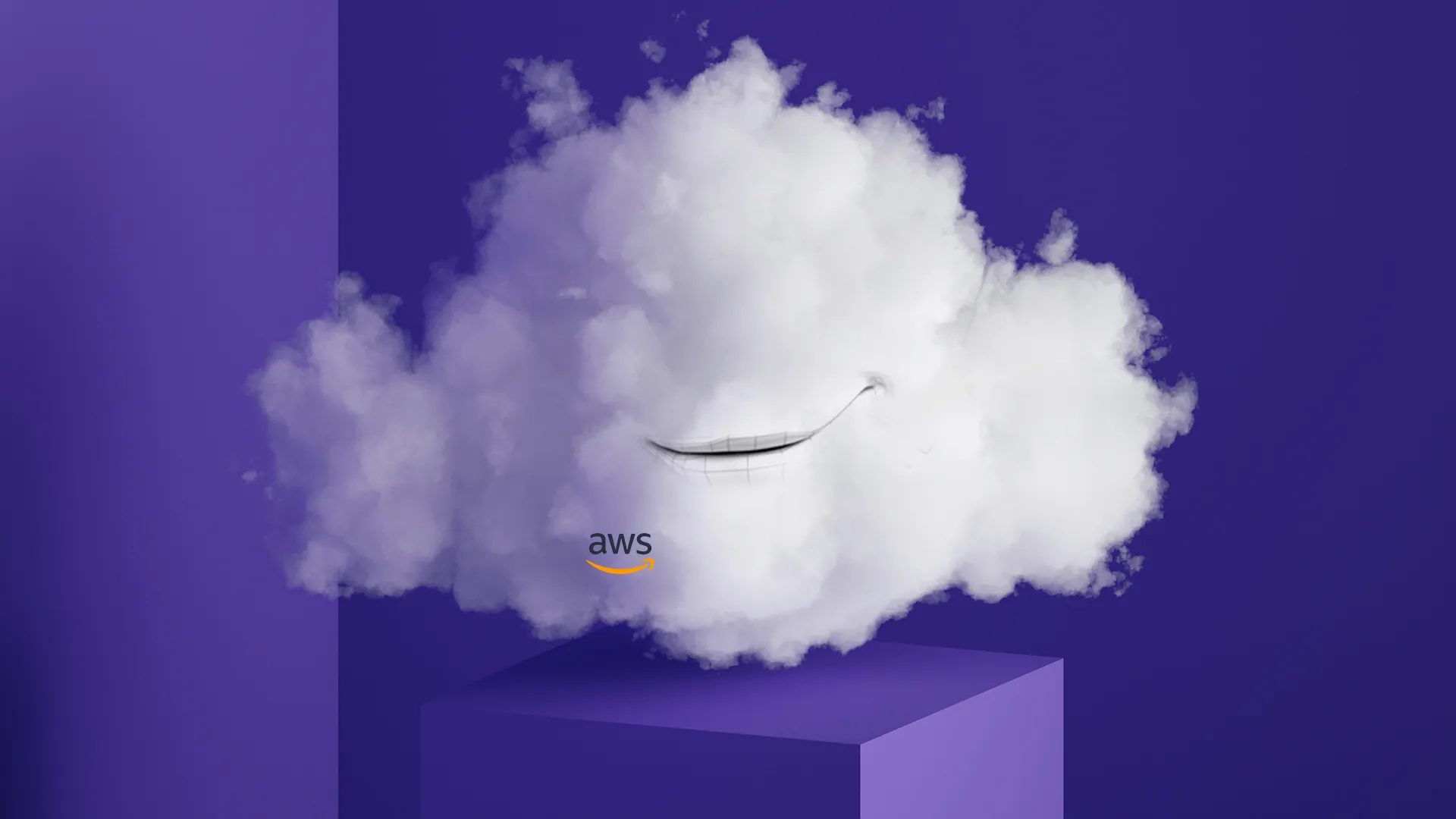 White fluffy cloud with a smiling mouth and the AWS logo on a purple pedestal and background.