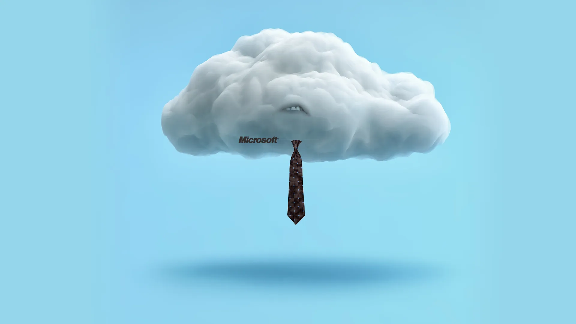 A fluffy white cloud with a brown patterned necktie hanging below and the word Microsoft embedded in the cloud mouth area on a blue background.