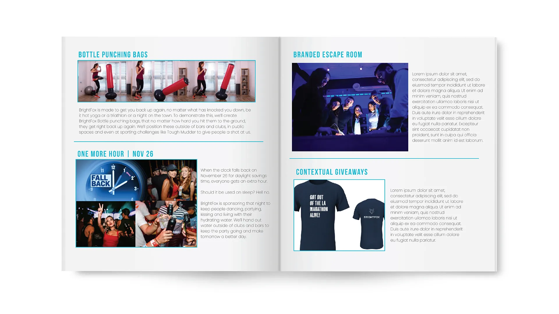 Magazine spread with sections on Bottle Punching Bags showing a woman kicking a punching bag, One More Hour event with party photos and a clock, Branded Escape Room with people solving puzzles, and Contextual Giveaways featuring a navy T-shirt with marathon text.