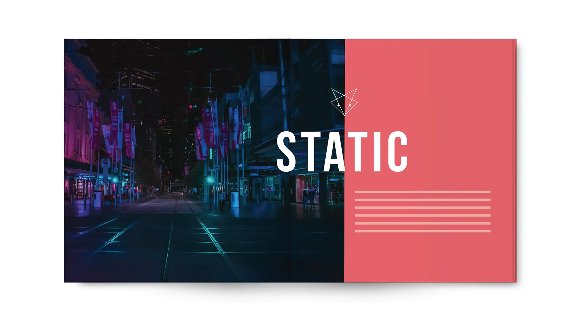 Nighttime city street with neon lights on the left and a red panel with the word STATIC on the right.