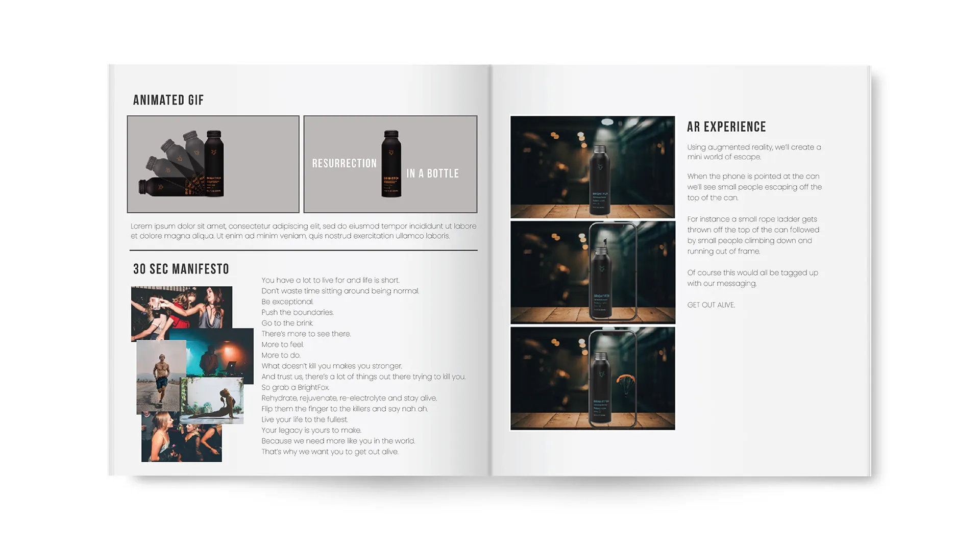 Open magazine spread featuring a black BrightFox bottle with animated GIF and AR experience demonstration, along with a 30-second manifesto text and photos of active lifestyles.