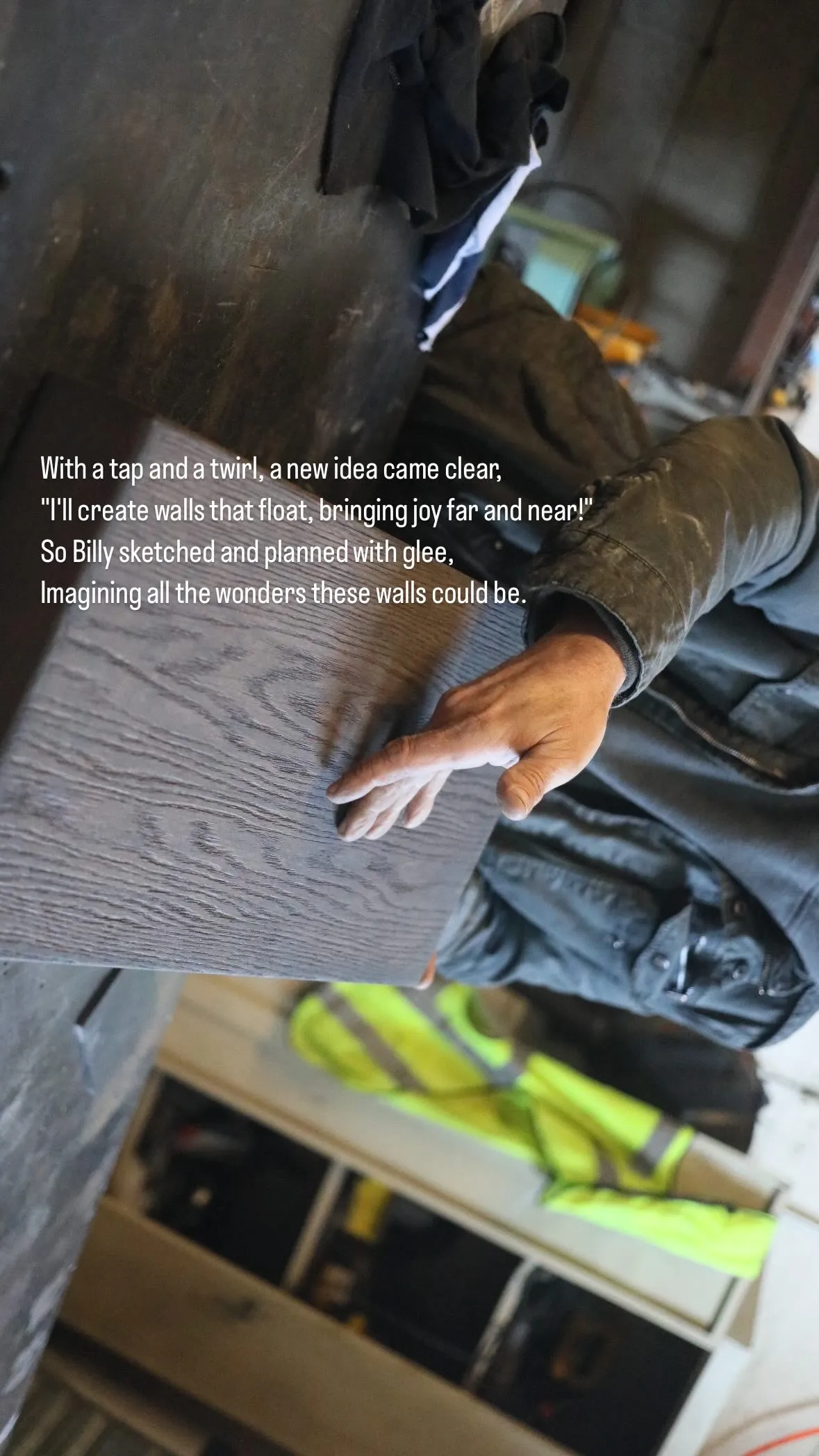 Person touching a textured wooden panel in a workshop with a poem about creating floating walls overlaid.