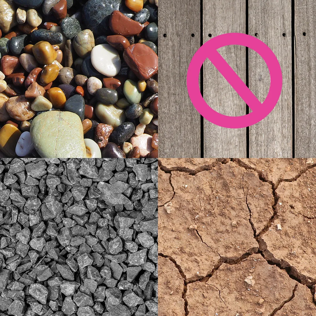Four quadrants showing glossy multicolored pebbles, a pink prohibition sign on wooden planks, dark gray crushed stones, and cracked dry earth.